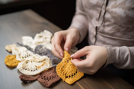 crochet, crochet and woman with a bow tie in her hands making a new designの素材