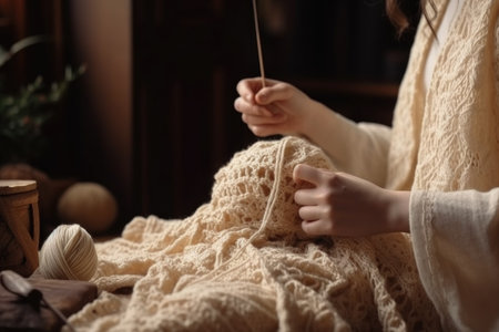 crocheting, knitting and woman with string in living room for hobby project of craftingの素材