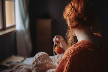 rearview shot of an unrecognizable young woman knitting at homeの素材