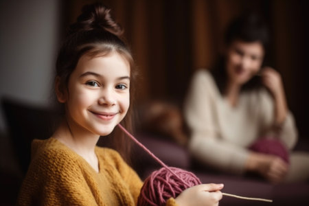 portrait of happy young woman knitting with her daughter in the backgroundの素材