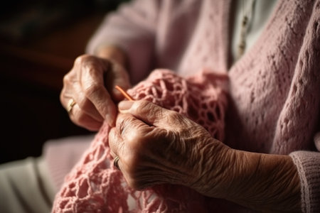 crocheting in hands of senior woman at home for hobby, art and bondingの素材