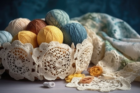crochet, woman hobby and creative sewing pattern art of fabric material in studioの素材