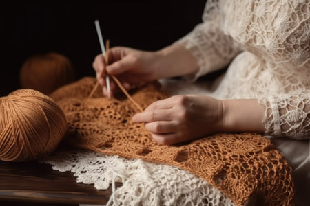 crochet, fiber and hands of a woman working with yarn in her living room at homeの素材