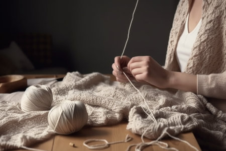 crocheting, knitting and woman in a studio for fashion or making a sweater or clothing with fabricの素材