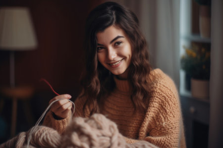 portrait of smiling young woman knitting a sweater at homeの素材