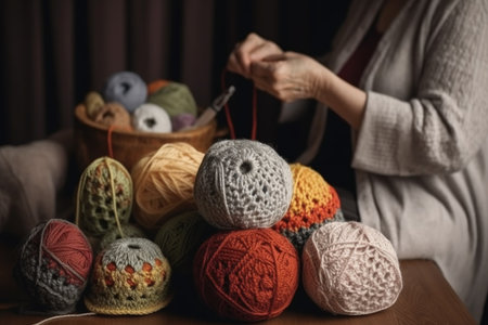 crochet, knitting and woman with yarn in living room for hobby, growth or hobby conversationの素材