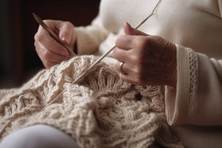 cropped shot of an unrecognizable woman crocheting in the comfort of her homeの素材