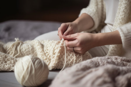 crocheting, hands and woman with wool in home for hobby, learning or craft projectの素材