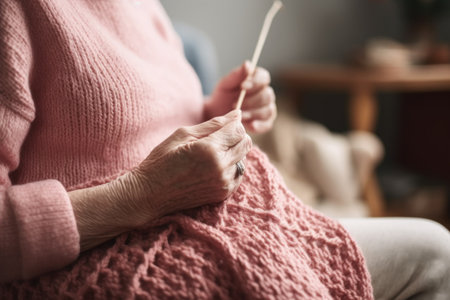 cropped shot of an unrecognizable woman knitting in her homeの素材