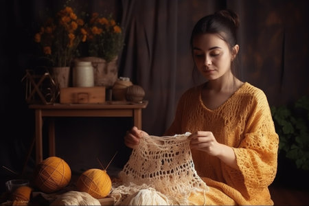 crochet, single woman and craft hobby in studio for textile creation, learning or hobbyの素材