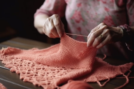 crocheting, knitting with hands and creative textile worker in homeの素材