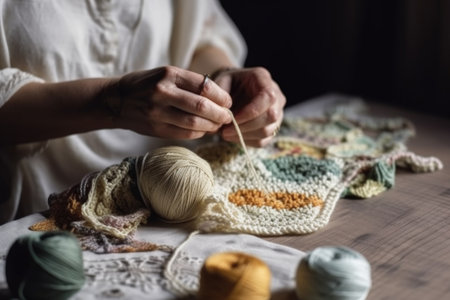crocheting, woman and crochet of a hobby, craft or fabric work on the tableの素材