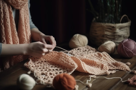crocheting, crafting and woman with a needle at home working on a sewing projectの素材