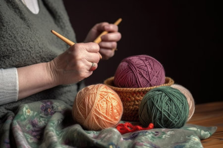 crochet needles and a ball of yarn in the hands of a womanの素材
