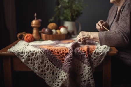 crocheting, a woman and knitting in fabric for handicraft in her home living roomの素材