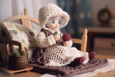 crochet woman, phone call and texting in home for internet checking or chatの素材