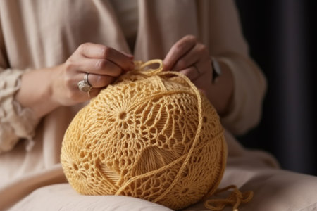 crocheting, ball of yarn and hands of woman in home for hobby, learning or creative projectの素材