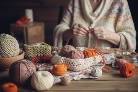 crocheting, knitting and woman in craft with equipment for hobby, handicraft or hobby workshopの素材