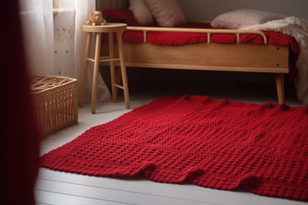 crocheted red blanket on bed in child room, covid or organic cotton fibersの素材