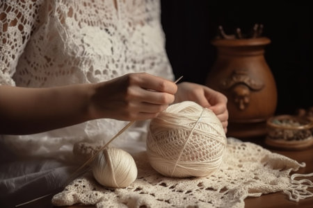 crochet, yarn and woman enjoying a hobby in the home for relaxation, skill development or artの素材