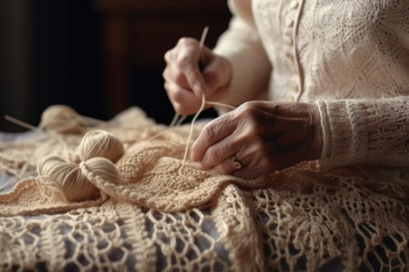 crocheting and hands of woman with yarn in living room for knitting, handicraft or hobbyの素材