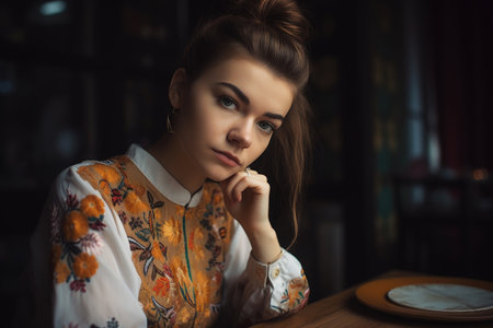 portrait of a young woman working on an embroidery projectの素材