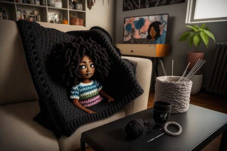 crocheting, black woman and blanket with scissors in living room for hobby or handicraftの素材
