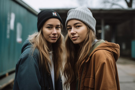 shot of two young women out for a skate sessionの素材