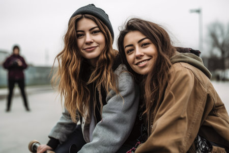 shot of two young women out for a skate sessionの素材