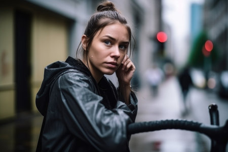 woman, fitness and bicycle in city for training, workout or cardioの素材