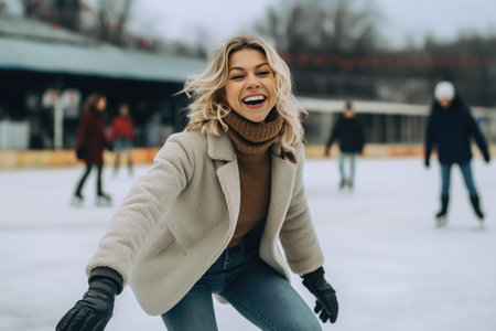 shot of a woman on skates turning and smiling at the cameraの素材