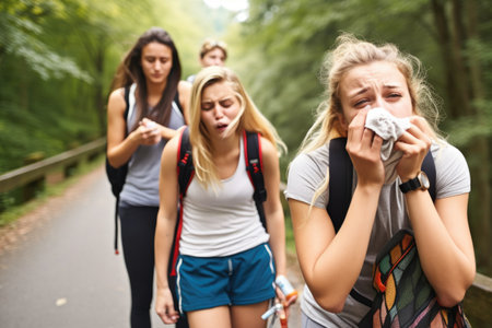 portrait of a young woman blowing her nose while out rollerblading with friendsの素材