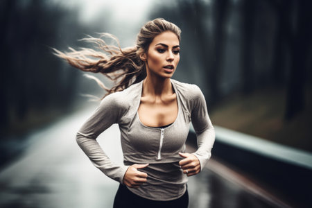 shot of a sporty young woman running outdoorsの素材