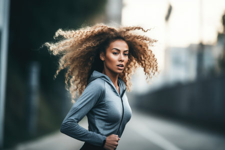 shot of a sporty young woman running outdoorsの素材