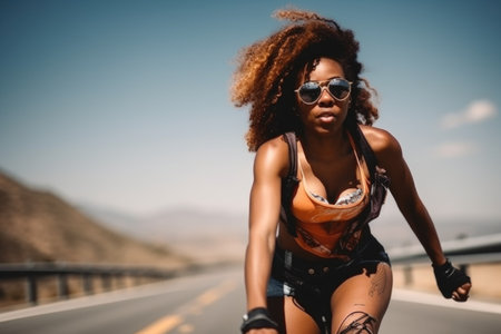 action, extreme sports and rollerblading with a black woman outdoor on the road for funの素材