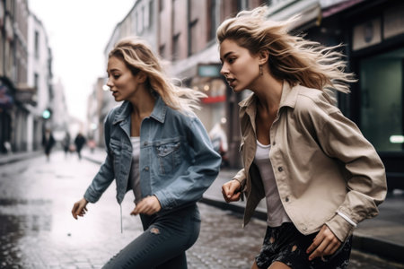 shot of two female friends skating through a cityの素材