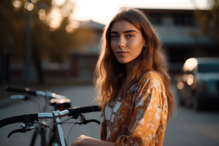 shot of a young woman posing with her bicycleの素材