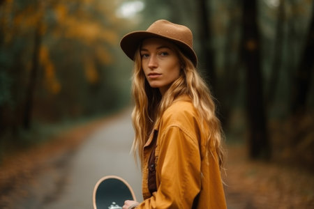 portrait of a young woman holding her skateboardの素材