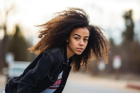 closeup of young mixed race female skater riding on her skateboardの素材