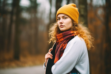 portrait of a sporty young woman holding her skateboard after exercising outsideの素材