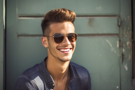 a handsome young hipster smiling while wearing sunglassesの素材