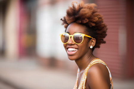 a happy young woman wearing stylish sunglassesの素材