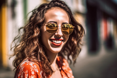 a happy young woman wearing stylish sunglassesの素材