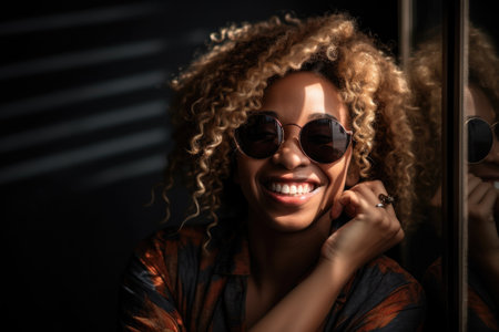 a beautiful young woman smiling and holding a pair of sunglasses up to the lightの素材
