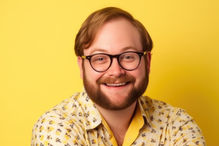 happy, retro and portrait of a man in glasses isolated on a yellow background in studioの素材