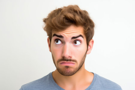 closeup shot of a young man looking confused against a white backgroundの素材