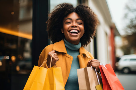 a young woman holding shopping bags while smiling brightlyの素材
