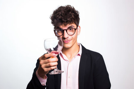 studio shot of a young man holding glasses against a white backgroundの素材