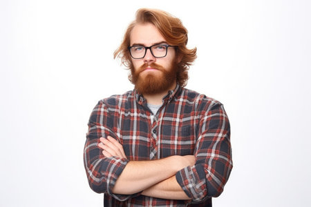 portrait of a young hipster standing with his arms crossed against a white backgroundの素材