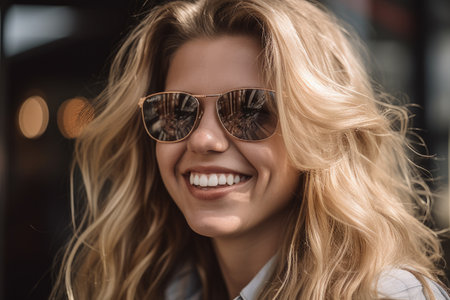a young woman holding a pair of sunglasses and smilingの素材